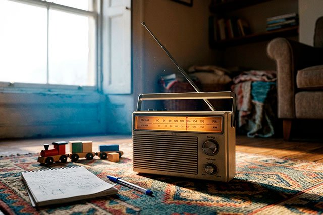 Radio ochentera encendida sobre una alfombra infantil, iluminada por luz cálida y una sombra azulada que entra desde la ventana
