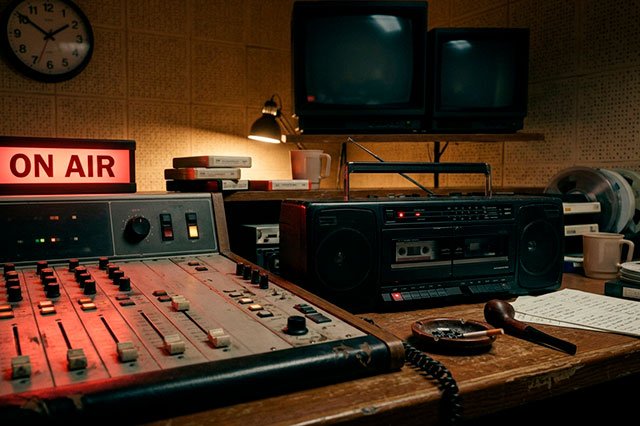 Cuarto técnico ochentero con un radiocasete encendido sobre una consola analógica y luz roja de “on air"